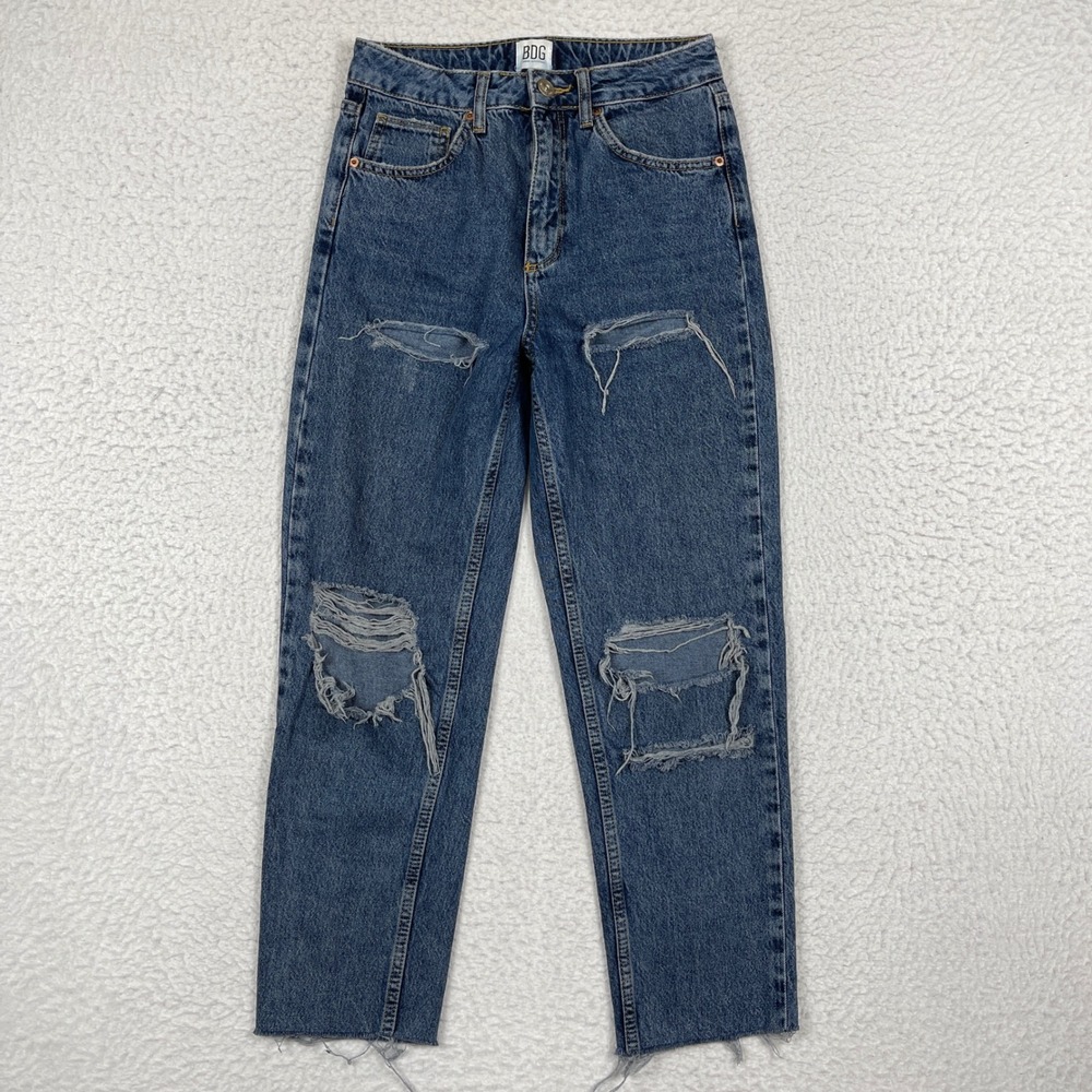 BDG Mom Jeans Womens 27x25 Blue Distressed Ripped High Rise Frayed Streetwear